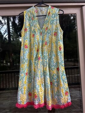 Sleeveless Floral Pintuck Midi Dress in Yellow with Pink Trim